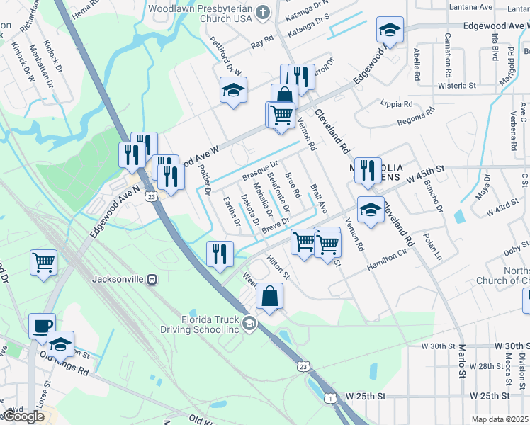 map of restaurants, bars, coffee shops, grocery stores, and more near 5534 Mahalia Drive in Jacksonville