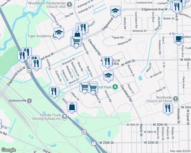 map of restaurants, bars, coffee shops, grocery stores, and more near in Jacksonville