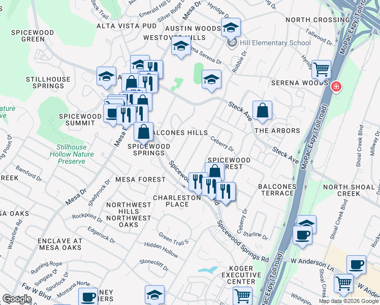 map of restaurants, bars, coffee shops, grocery stores, and more near 8012 Greenslope Drive in Austin