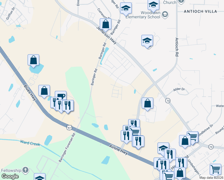 map of restaurants, bars, coffee shops, grocery stores, and more near Billiu Street in Baton Rouge