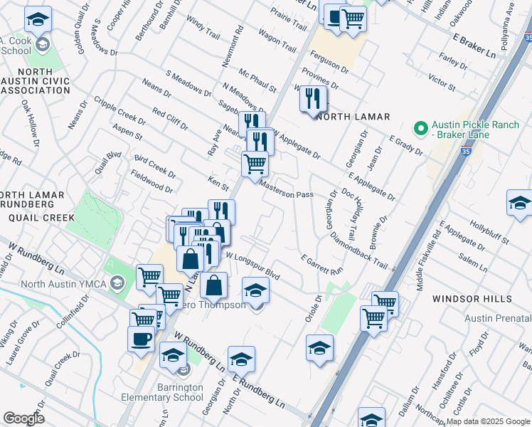map of restaurants, bars, coffee shops, grocery stores, and more near 605 Masterson Pass in Austin