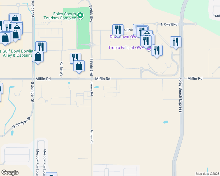 map of restaurants, bars, coffee shops, grocery stores, and more near 21200 Miflin Road in Foley