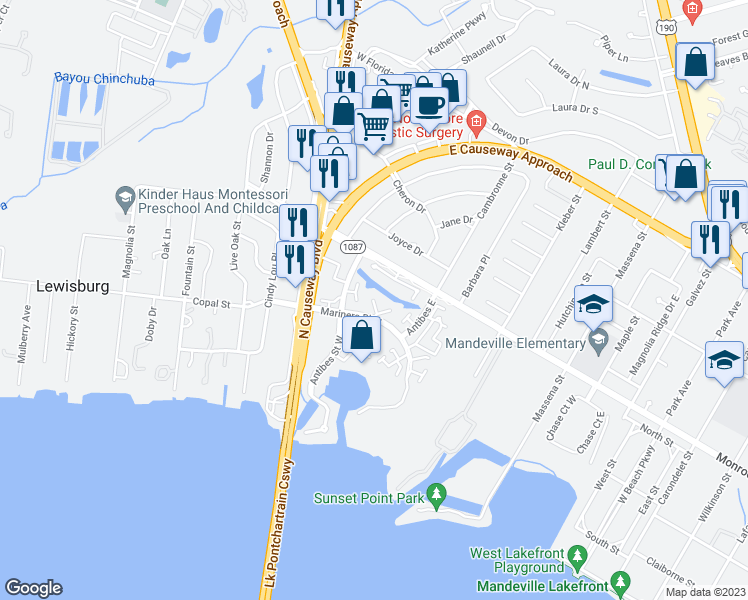 map of restaurants, bars, coffee shops, grocery stores, and more near 1 Tradewinds Court West in Mandeville