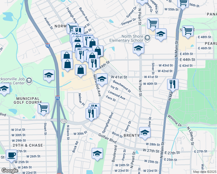 map of restaurants, bars, coffee shops, grocery stores, and more near 682 Ivy Street in Jacksonville