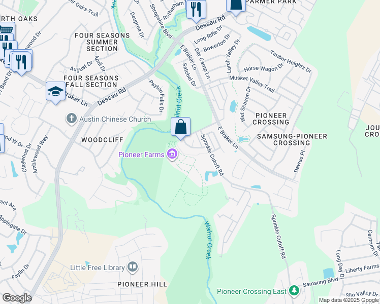 map of restaurants, bars, coffee shops, grocery stores, and more near 11344 Sprinkle Cutoff Road in Austin