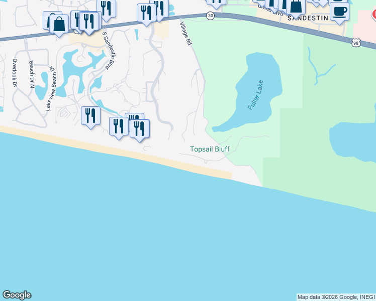 map of restaurants, bars, coffee shops, grocery stores, and more near 253 Village Beach Road West in Santa Rosa Beach