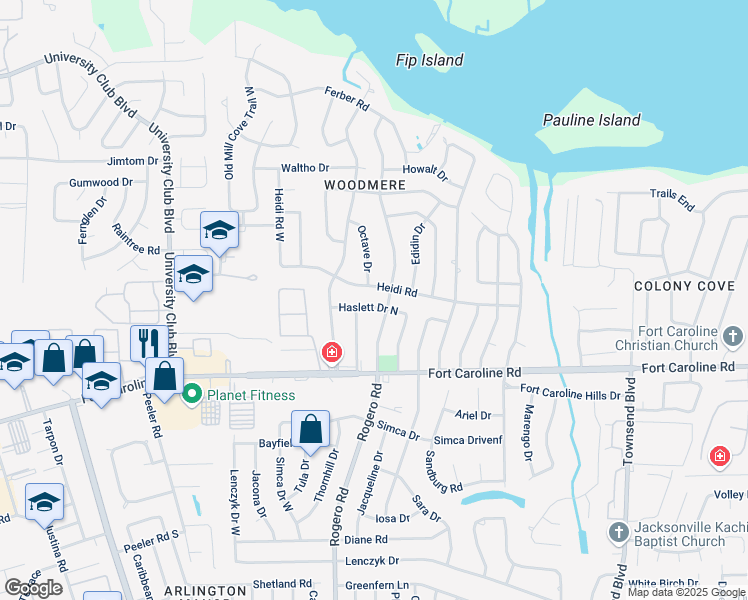 map of restaurants, bars, coffee shops, grocery stores, and more near 6607 Haslett Drive East in Jacksonville