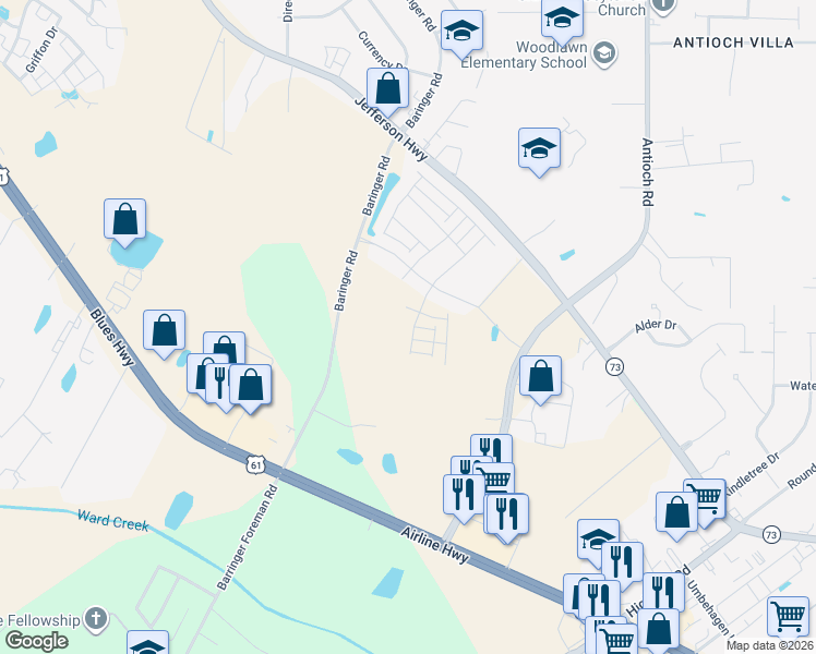 map of restaurants, bars, coffee shops, grocery stores, and more near Billiu Street in Baton Rouge