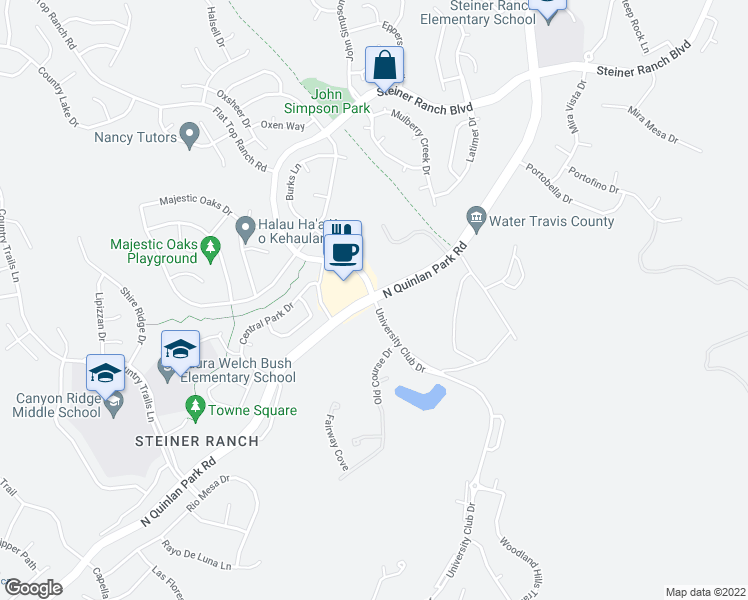 map of restaurants, bars, coffee shops, grocery stores, and more near N Quinlan Park Rd & Steiner Ranch Blvd in Travis