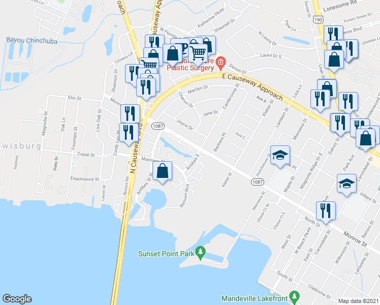map of restaurants, bars, coffee shops, grocery stores, and more near 24 Saint Jean De Luz Avenue in Mandeville