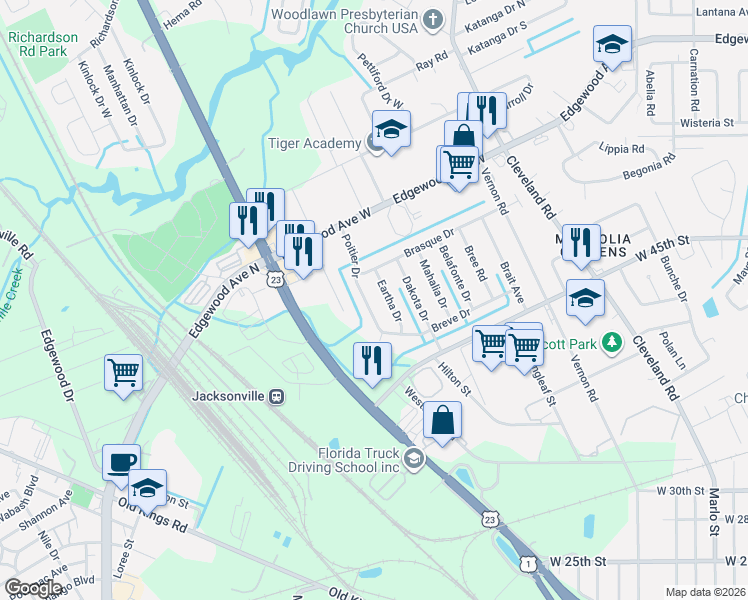 map of restaurants, bars, coffee shops, grocery stores, and more near 5601 Poitier Drive in Jacksonville