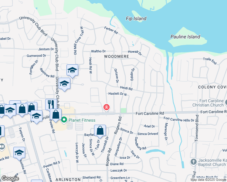 map of restaurants, bars, coffee shops, grocery stores, and more near 6513 Haslett Drive East in Jacksonville
