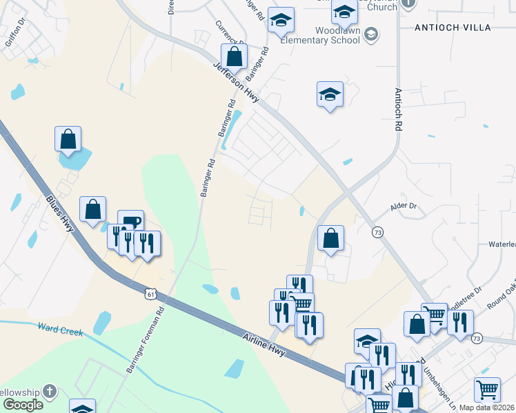 map of restaurants, bars, coffee shops, grocery stores, and more near 15725 Long Farm Road in Baton Rouge