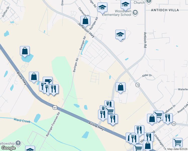 map of restaurants, bars, coffee shops, grocery stores, and more near 15725 Long Farm Road in Baton Rouge