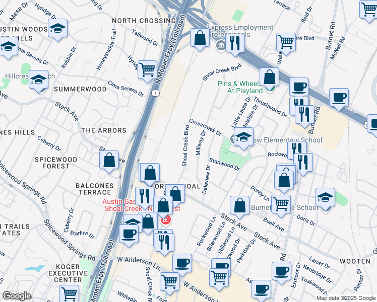 map of restaurants, bars, coffee shops, grocery stores, and more near 8404 Millway Drive in Austin