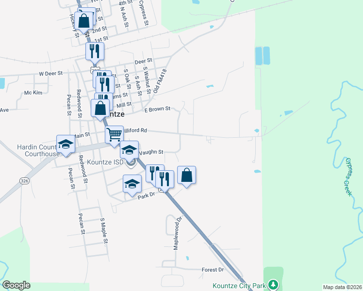 map of restaurants, bars, coffee shops, grocery stores, and more near 850 Vaughn Street in Kountze