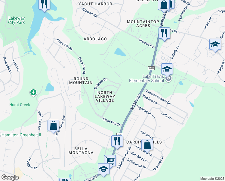 map of restaurants, bars, coffee shops, grocery stores, and more near 169 Roberto Drive in Lakeway