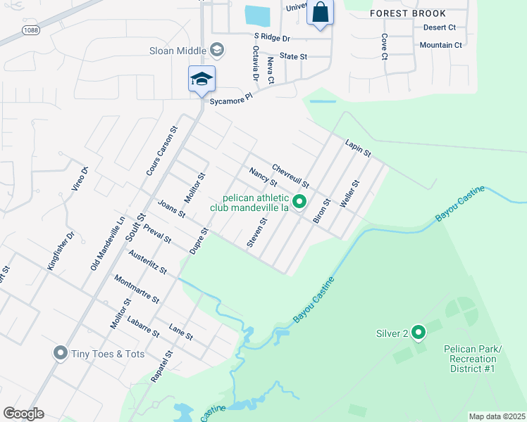 map of restaurants, bars, coffee shops, grocery stores, and more near 2172 Steven Street in Mandeville