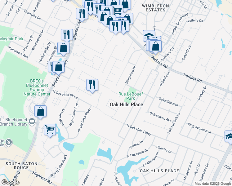 map of restaurants, bars, coffee shops, grocery stores, and more near 10746 Royal Ridge Avenue in Baton Rouge