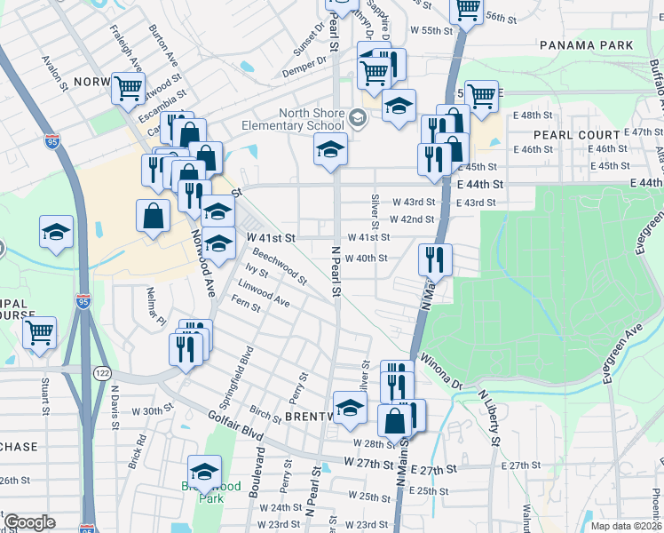 map of restaurants, bars, coffee shops, grocery stores, and more near 4918 North Pearl Street in Jacksonville