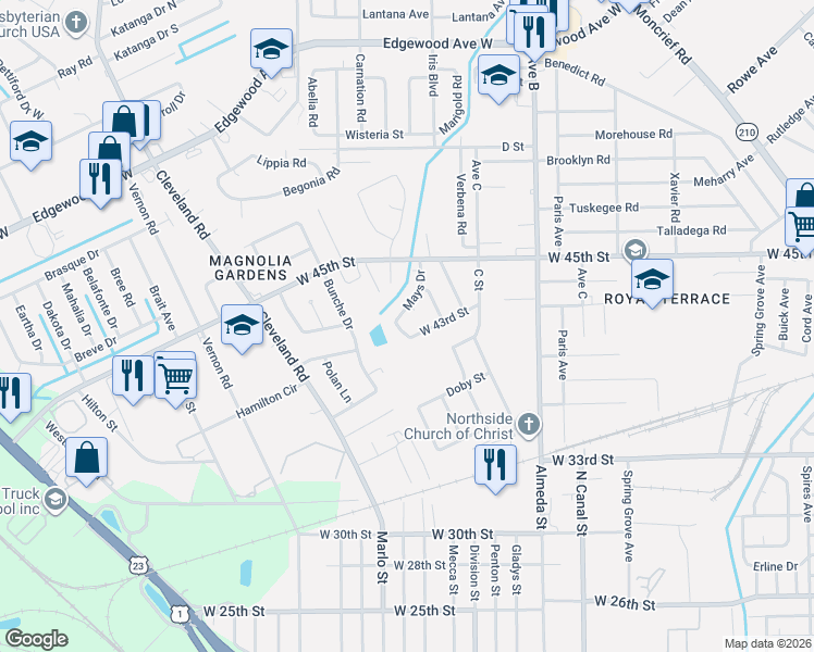 map of restaurants, bars, coffee shops, grocery stores, and more near 2562 West 43rd Street in Jacksonville
