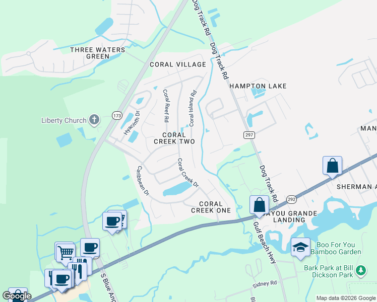 map of restaurants, bars, coffee shops, grocery stores, and more near 1915 Coral Island Road in Pensacola