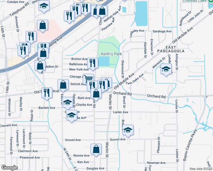 map of restaurants, bars, coffee shops, grocery stores, and more near 3416 Chicot Street in Pascagoula