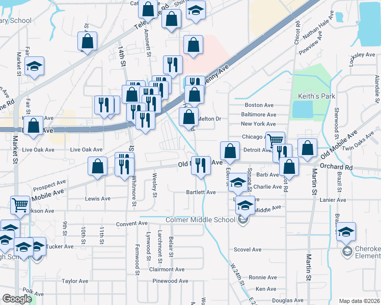 map of restaurants, bars, coffee shops, grocery stores, and more near 2087 Old Mobile Avenue in Pascagoula