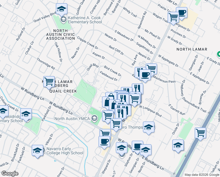 map of restaurants, bars, coffee shops, grocery stores, and more near 901 West Village Lane in Austin