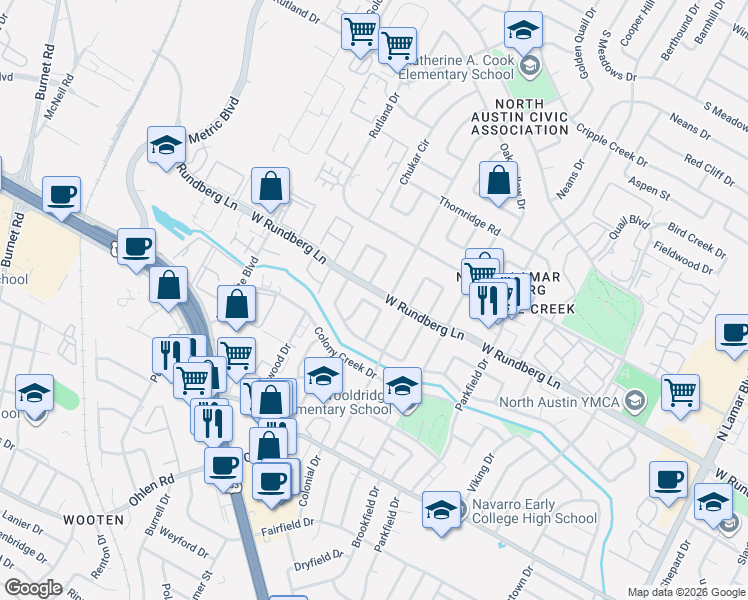 map of restaurants, bars, coffee shops, grocery stores, and more near 9217 Partridge Circle in Austin