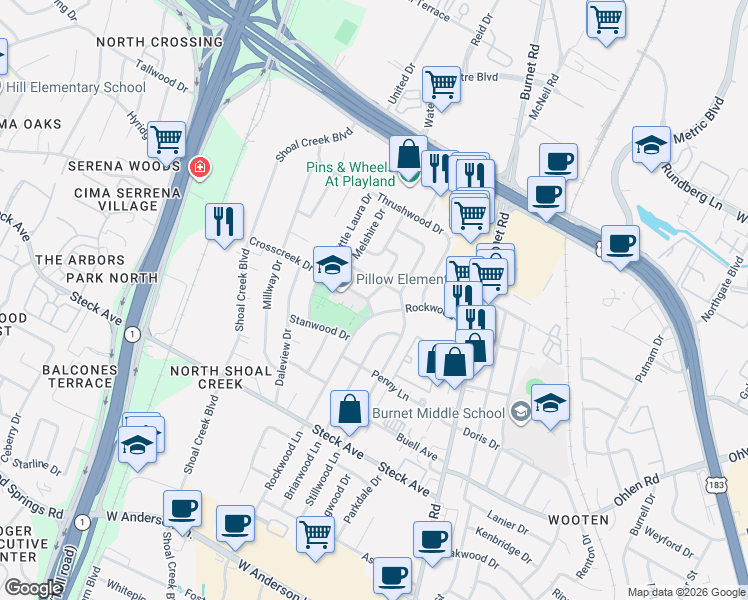 map of restaurants, bars, coffee shops, grocery stores, and more near 8601 Winding Walk in Austin