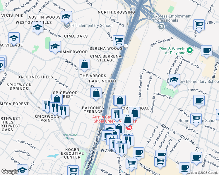 map of restaurants, bars, coffee shops, grocery stores, and more near 8200 MoPac Expressway in Austin