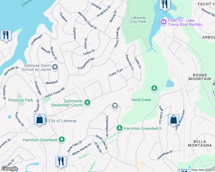map of restaurants, bars, coffee shops, grocery stores, and more near 502 Cutty Trail in Lakeway