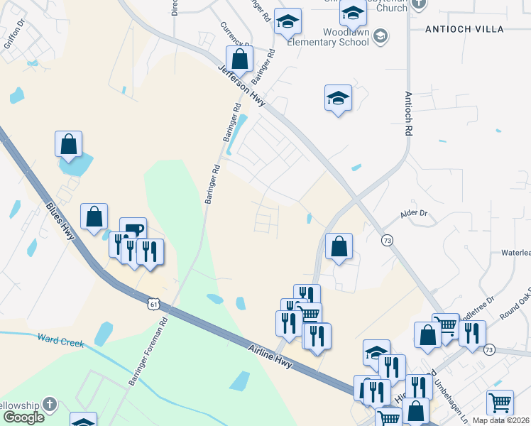map of restaurants, bars, coffee shops, grocery stores, and more near 15725 Long Farm Road in Baton Rouge