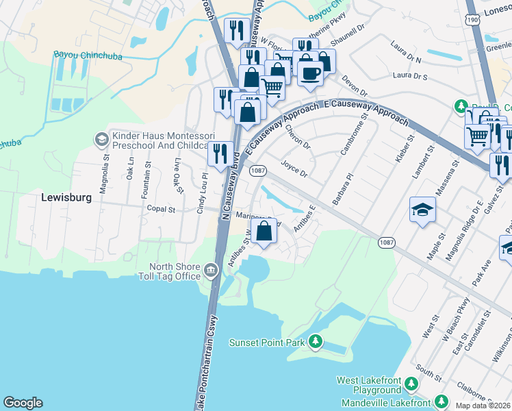 map of restaurants, bars, coffee shops, grocery stores, and more near 225 Caribbean Court in Mandeville