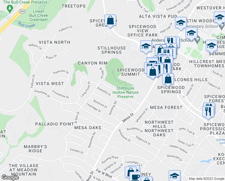 map of restaurants, bars, coffee shops, grocery stores, and more near 4207 Burney Drive in Austin
