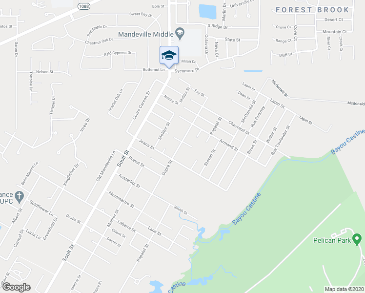 map of restaurants, bars, coffee shops, grocery stores, and more near 2087 Dupre Street in Mandeville