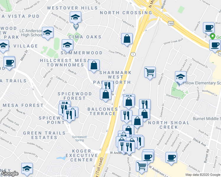 map of restaurants, bars, coffee shops, grocery stores, and more near 8200 MoPac Expressway in Austin