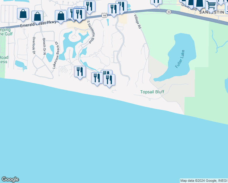 map of restaurants, bars, coffee shops, grocery stores, and more near 4006 S Sandestin Blvd in Miramar Beach