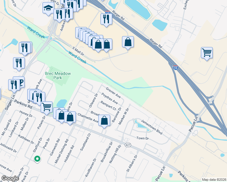 map of restaurants, bars, coffee shops, grocery stores, and more near 14125 Gravier Avenue in Baton Rouge