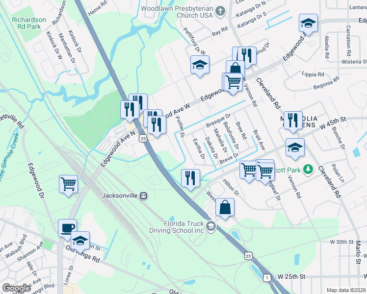 map of restaurants, bars, coffee shops, grocery stores, and more near 5601 Poitier Drive in Jacksonville
