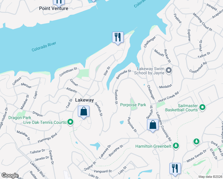 map of restaurants, bars, coffee shops, grocery stores, and more near 702 Sunfish Street in Lakeway