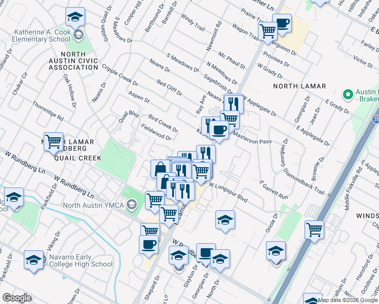 map of restaurants, bars, coffee shops, grocery stores, and more near 10000 North Lamar Boulevard in Austin