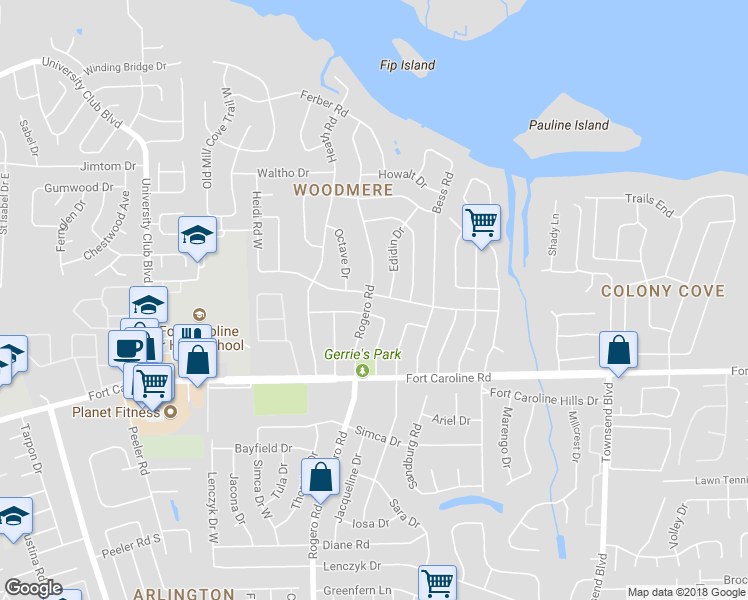 map of restaurants, bars, coffee shops, grocery stores, and more near 3815 Rogero Road in Jacksonville