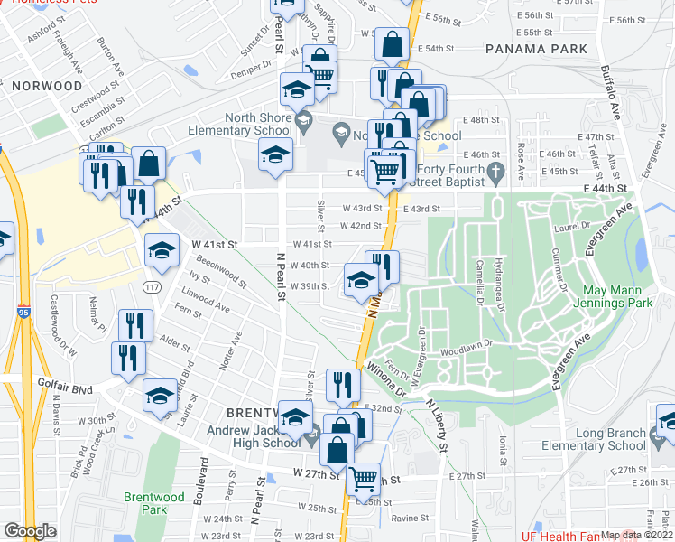 map of restaurants, bars, coffee shops, grocery stores, and more near 148 West 40th Street in Jacksonville