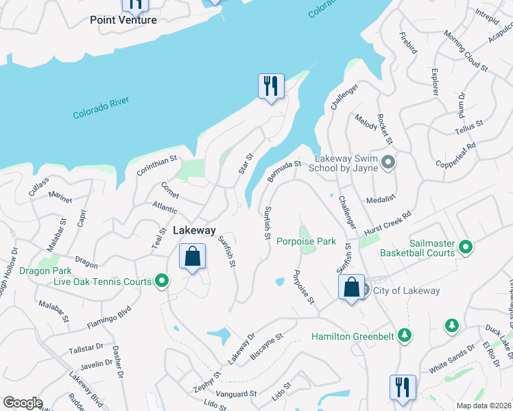 map of restaurants, bars, coffee shops, grocery stores, and more near 702 Sunfish Street in Lakeway