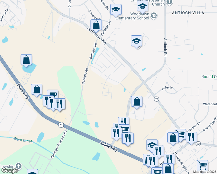 map of restaurants, bars, coffee shops, grocery stores, and more near 15725 Long Farm Road in Baton Rouge