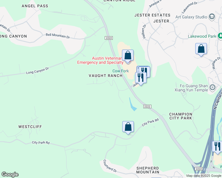 map of restaurants, bars, coffee shops, grocery stores, and more near 7201 Ranch Road 2222 in Austin