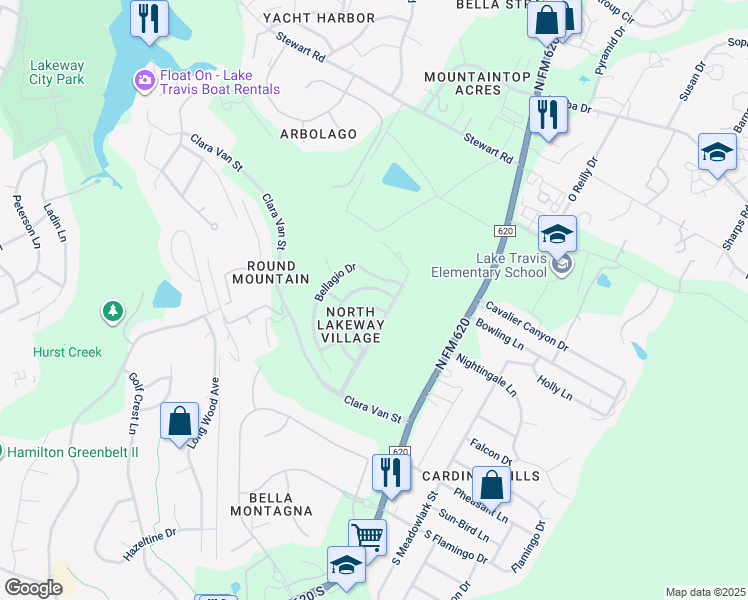 map of restaurants, bars, coffee shops, grocery stores, and more near 169 Roberto Drive in Lakeway