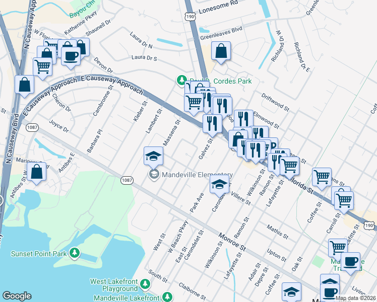 map of restaurants, bars, coffee shops, grocery stores, and more near 60 Magnolia Ridge Court in Mandeville
